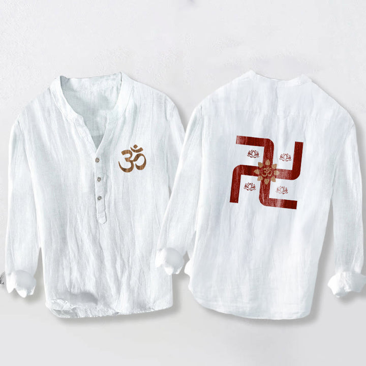 Buddha Stones Half Buttons Lotus Swastika Om Symbol Pattern Men's Cotton Linen Long Sleeve Shirt - White - US/UK/AU50，EU60 (5XL) - image 6
