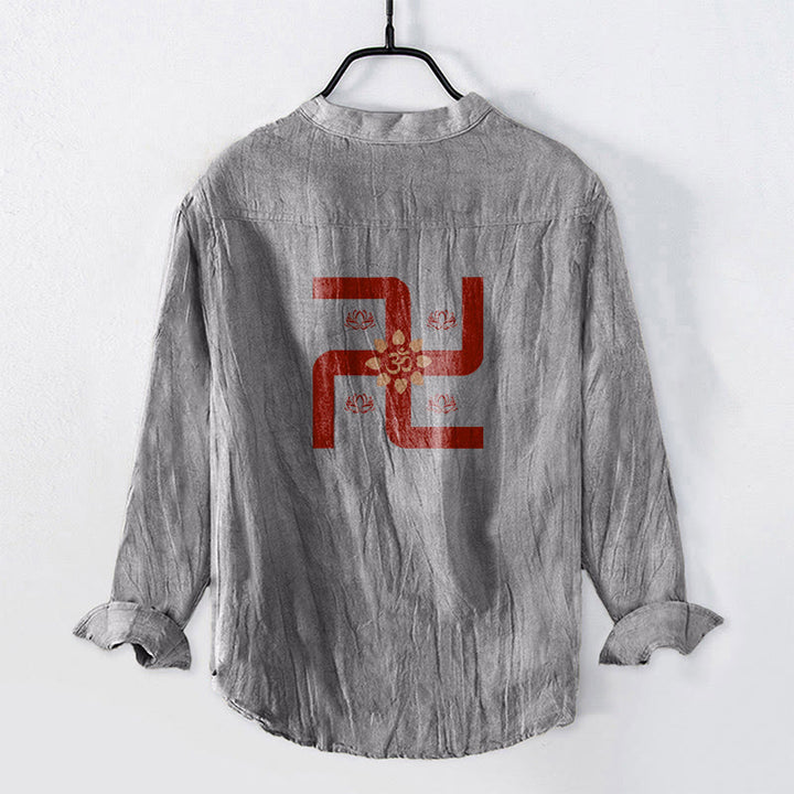 Buddha Stones Half Buttons Lotus Swastika Om Symbol Pattern Men's Cotton Linen Long Sleeve Shirt - image 5