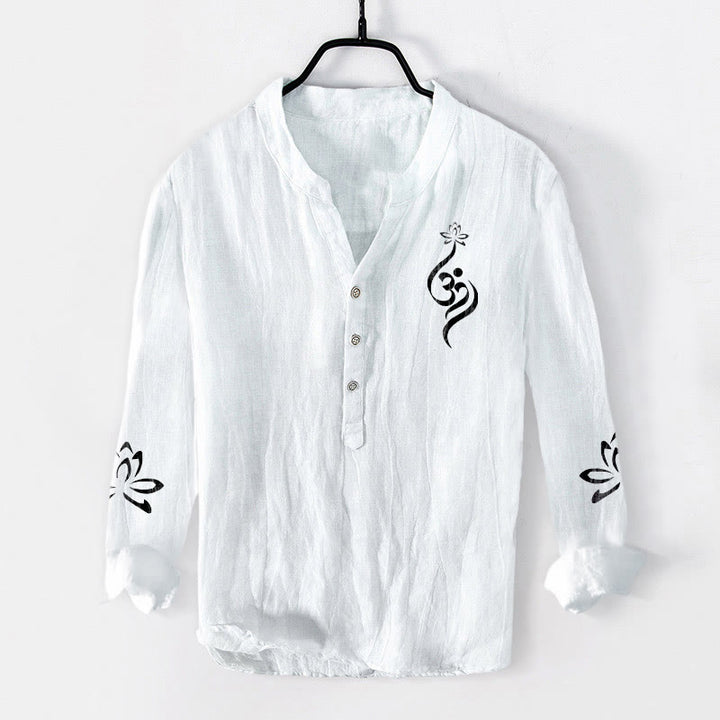 Buddha Stones Half Buttons Lotus Om Symbol Printed Pattern Men's Cotton Linen Long Sleeve Shirt - White - US/UK/AU50，EU60 (5XL) - image 6