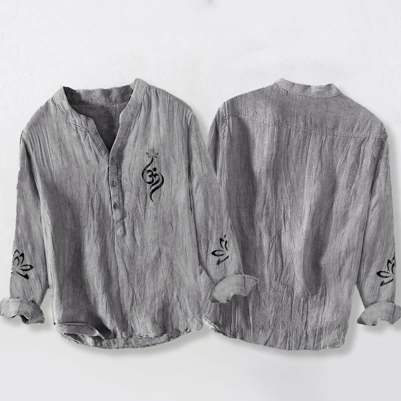 Buddha Stones Half Buttons Lotus Om Symbol Printed Pattern Men's Cotton Linen Long Sleeve Shirt - image 2