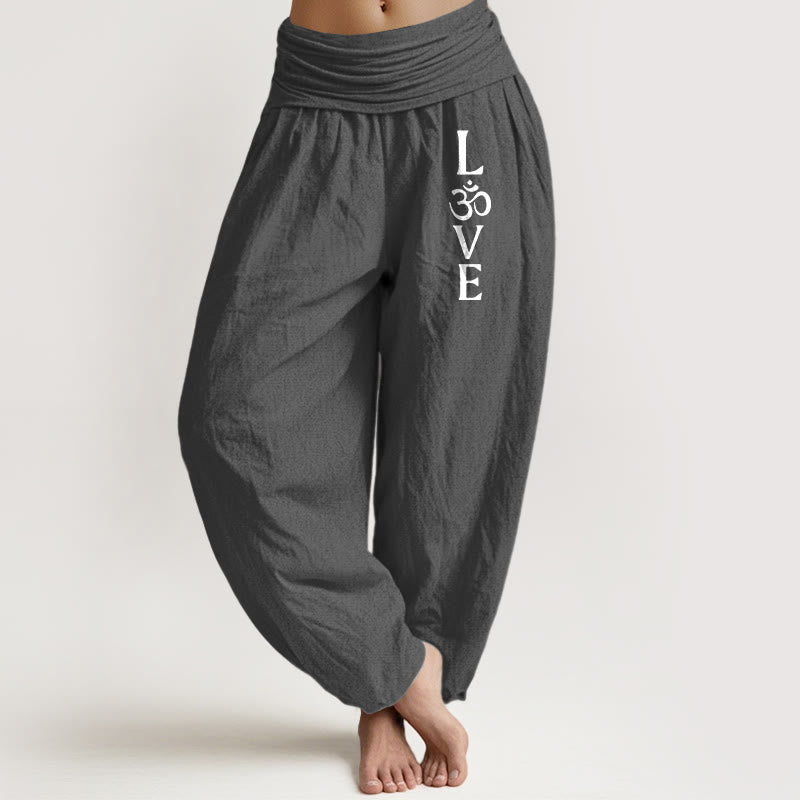 Buddha Stones Plain Om Symbol Pattern Women's Elastic Waist Harem Pure Cotton Pants - DimGray - US22，UK/AU26，EU54 (6XL) - image 0