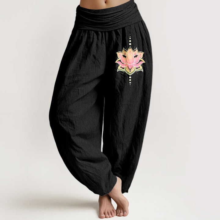 Buddha Stones Pure Cotton Pink Lotus Flower Pattern Women's Elastic Waist Harem Pants - Black - US22，UK/AU26，EU54 (6XL) - image 5