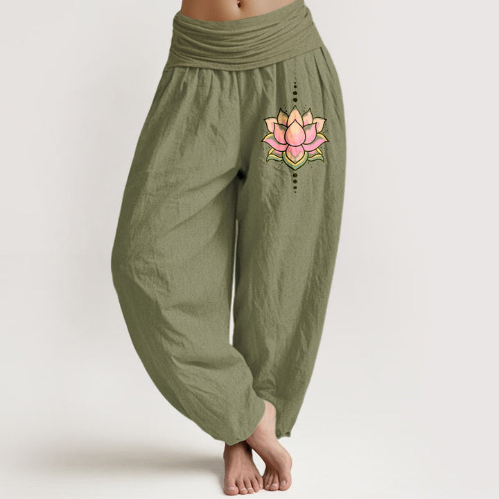 Buddha Stones Pure Cotton Pink Lotus Flower Pattern Women's Elastic Waist Harem Pants - OliveDrab - US22，UK/AU26，EU54 (6XL) - image 14