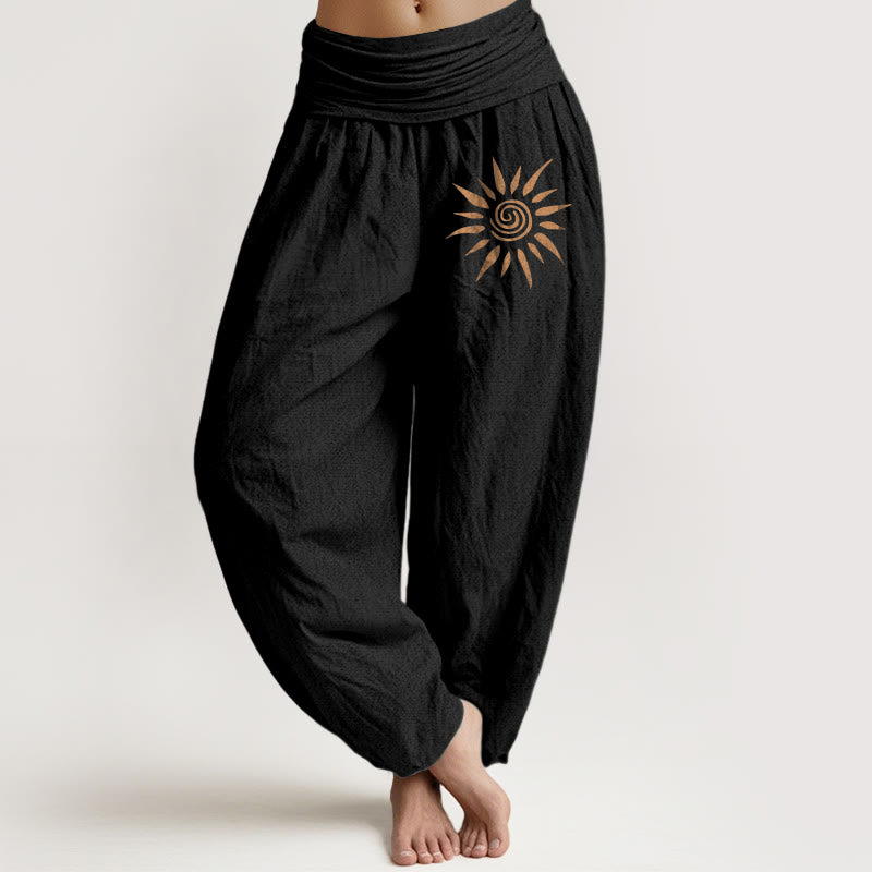 Buddha Stones Spiral Center Sun Pattern Women's Elastic Waist Harem Pure Cotton Pants - Black - US22，UK/AU26，EU54 (6XL) - image 0