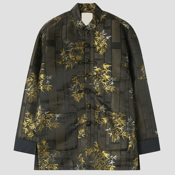 Buddha Stones Golden Bamboo Jacquard Frog-Button Long Sleeve Men's Jacket With Pockets - Tan - US/UK/AU44，EU54 (4XL) - image 0