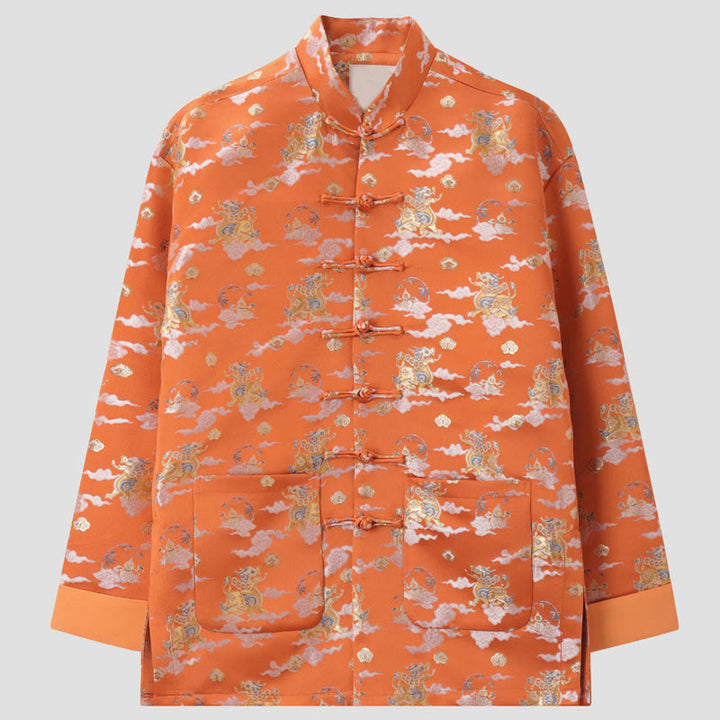 Buddha Stones Orange Kirin Auspicious Clouds Frog-Button Long Sleeve Men's Jacket With Pockets - DarkOrange - US/UK/AU44，EU54 (4XL) - image 0