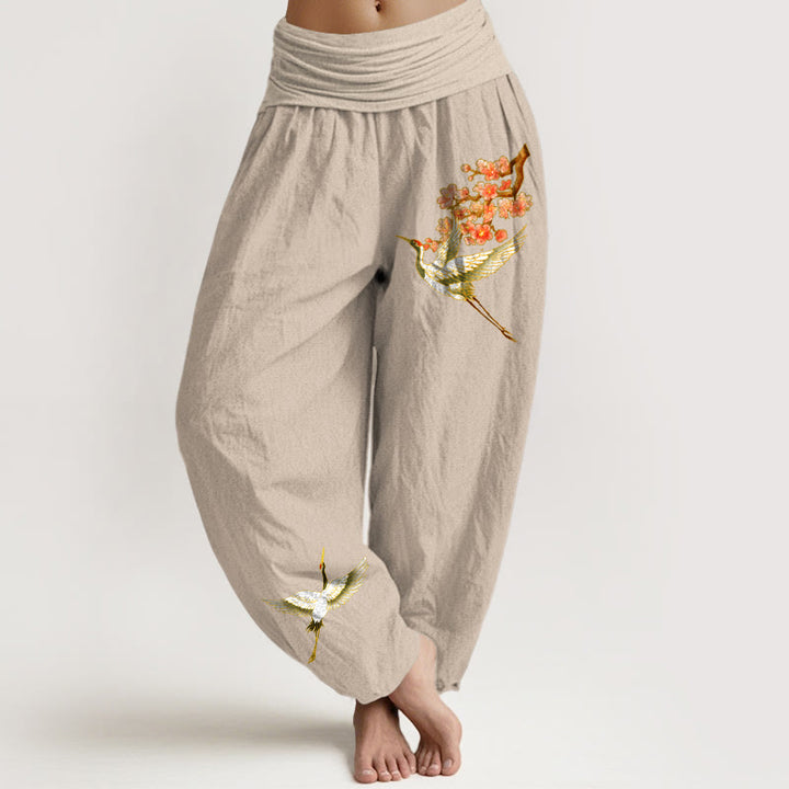 Buddha Stones Plain Crane Peach Blossom Pattern Women's Elastic Waist Harem Pure Cotton Pants - Tan - US22，UK/AU26，EU54 (6XL) - image 11