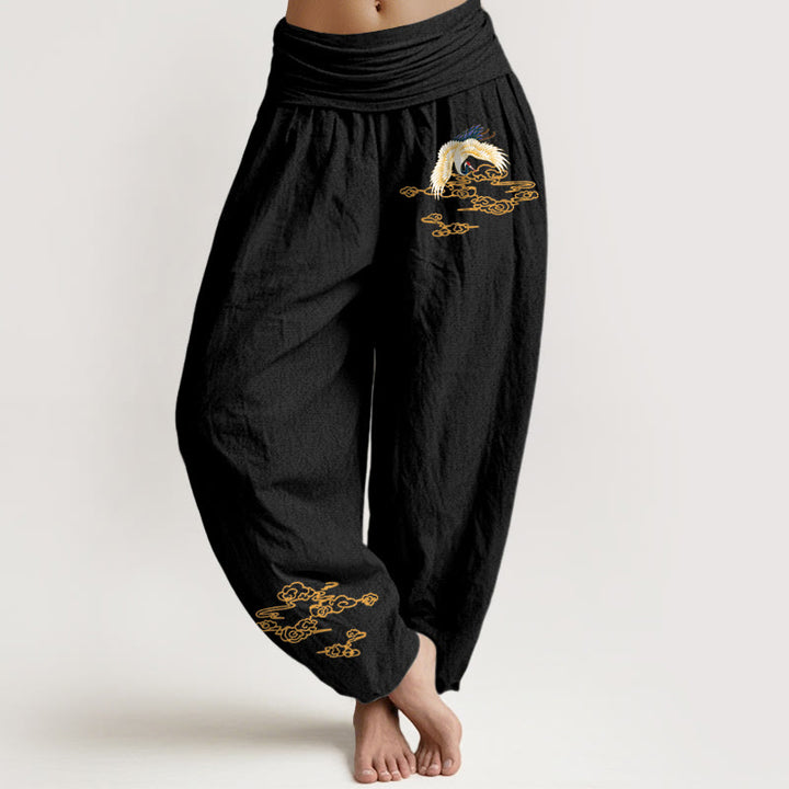 Buddha Stones Plain Crane Auspicious Clouds Pattern Women's Elastic Waist Harem Cotton Pants - Black - US22，UK/AU26，EU54 (6XL) - image 5