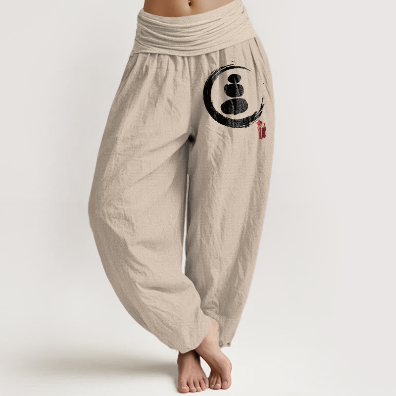 Buddha Stones Ensō Circle Stacked Stones Pattern Women's Elastic Waist Harem Cotton Pants - Tan - US22，UK/AU26，EU54 (6XL) - image 14