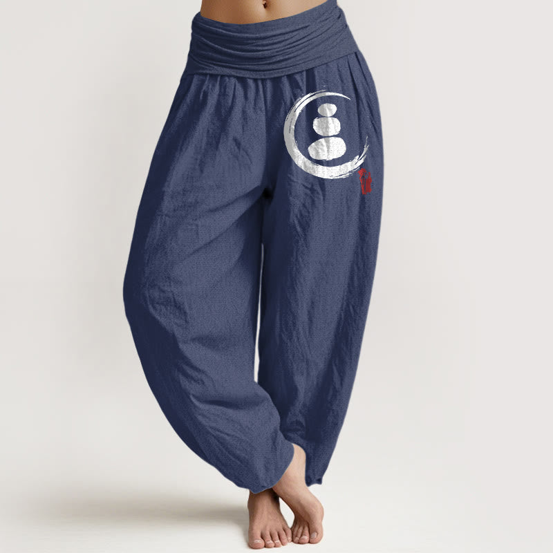 Buddha Stones Ensō Circle Stacked Stones Pattern Women's Elastic Waist Harem Cotton Pants - DarkSlateBlue - US22，UK/AU26，EU54 (6XL) - image 8