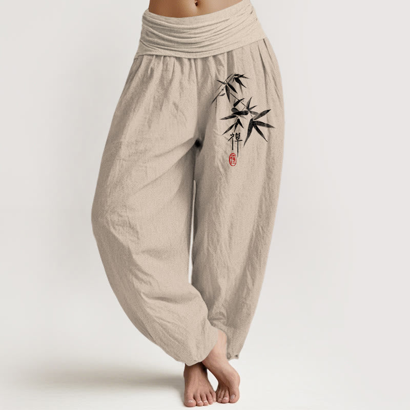 Buddha Stones Pure Cotton Bamboo Zen Pattern Women's Elastic Waist Harem Pants - Tan - US22，UK/AU26，EU54 (6XL) - image 0