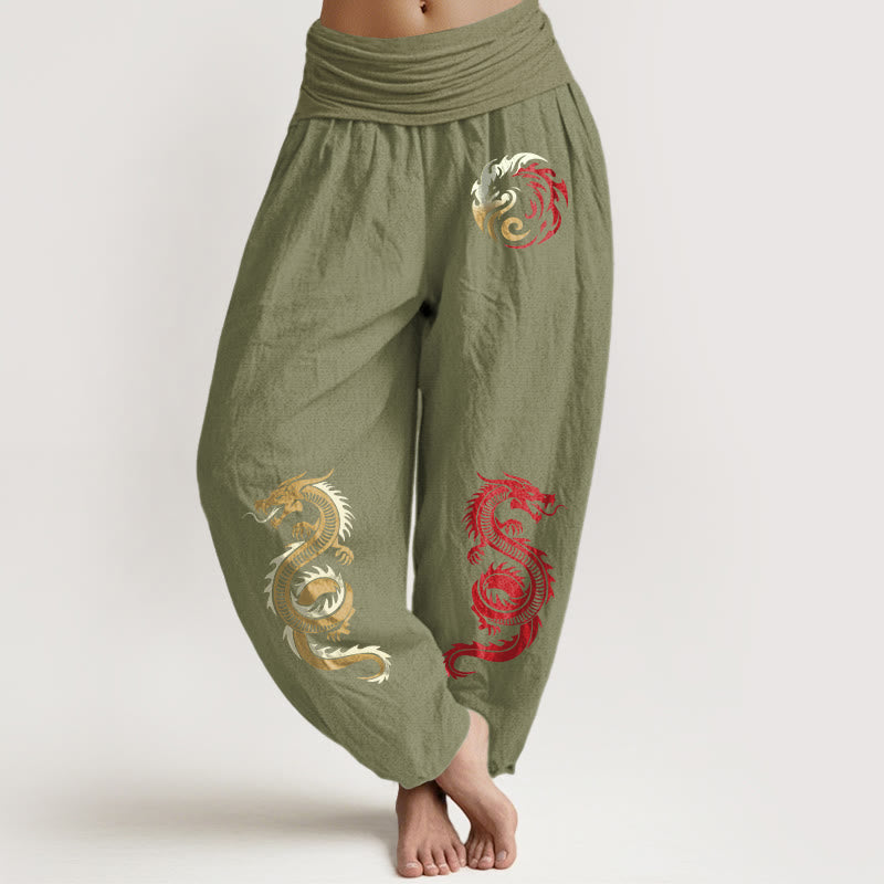 Buddha Stones Pure Cotton Dragon Pattern Women's Elastic Waist Harem Pants - OliveDrab - US22，UK/AU26，EU54 (6XL) - image 14