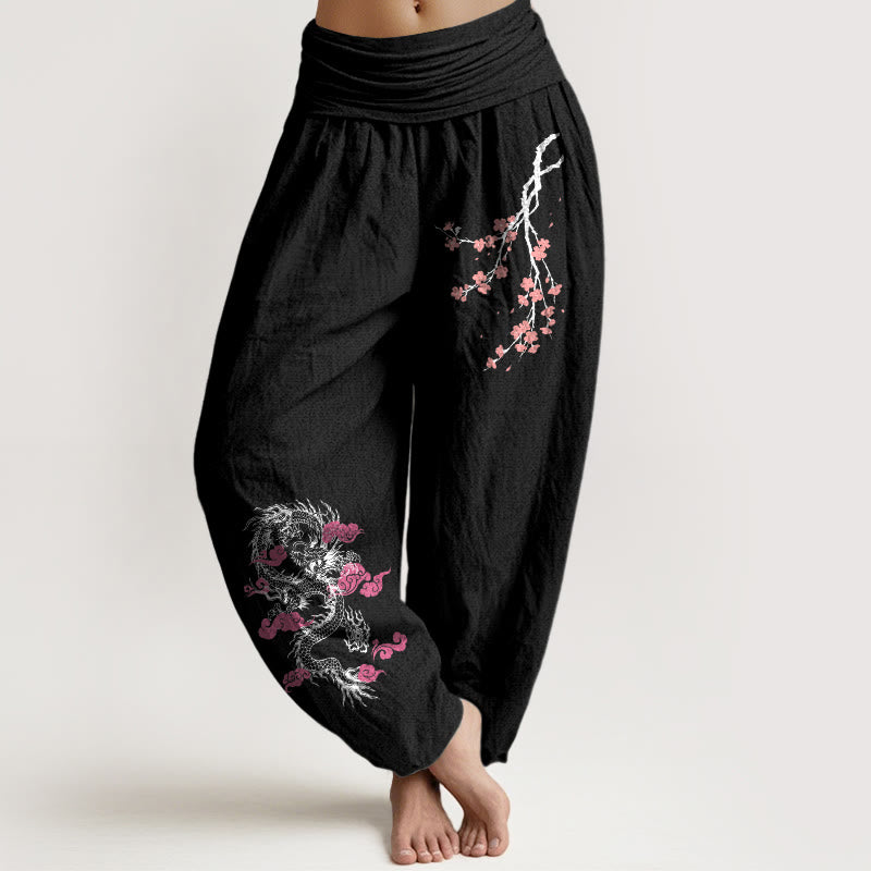 Buddha Stones Dragon Auspicious Clouds Flower Pattern Women's Elastic Waist Harem Cotton Pants - Black - US22，UK/AU26，EU54 (6XL) - image 0