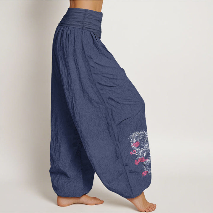 Buddha Stones Dragon Auspicious Clouds Flower Pattern Women's Elastic Waist Harem Cotton Pants - image 6