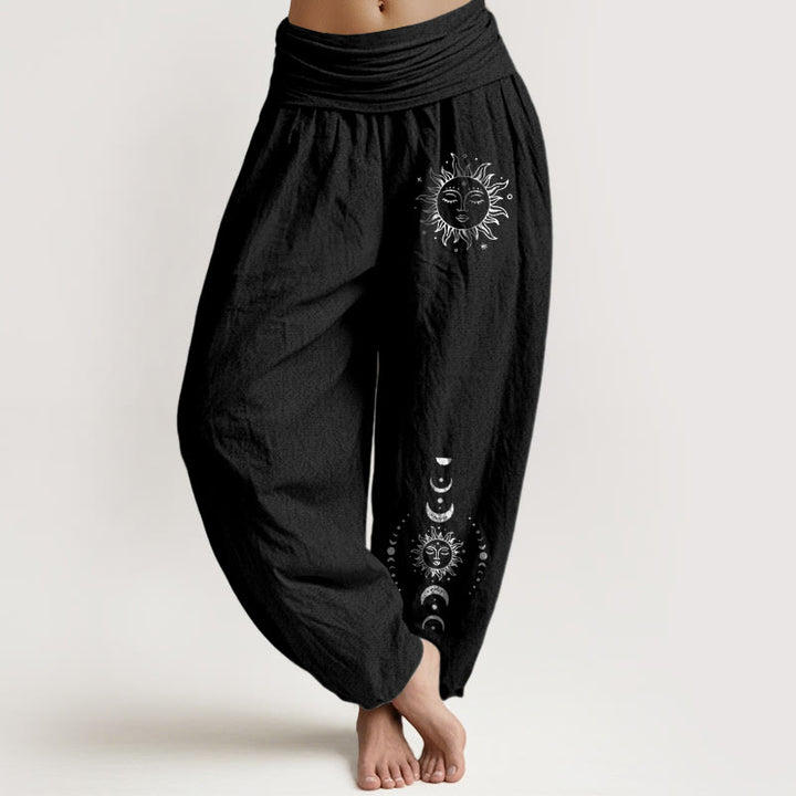 Buddha Stones Sun Moon Stars Pattern Women's Elastic Waist Harem Pure Cotton Pants - Black - US22，UK/AU26，EU54 (6XL) - image 5