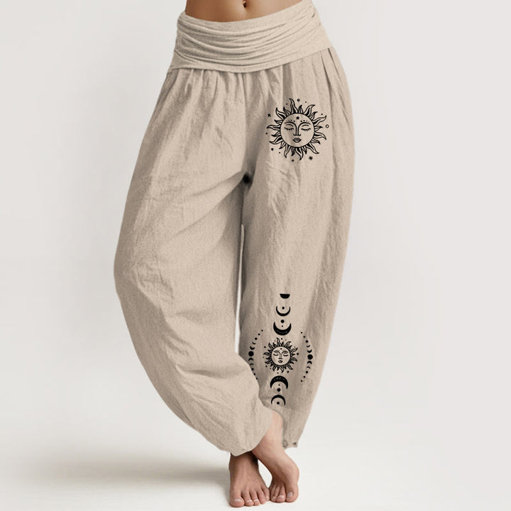Buddha Stones Sun Moon Stars Pattern Women's Elastic Waist Harem Pure Cotton Pants - Tan - US22，UK/AU26，EU54 (6XL) - image 11
