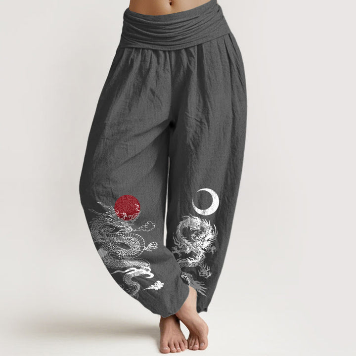 Buddha Stones Pure Cotton Dragon Sun Moon Pattern Women's Elastic Waist Harem Pants - DimGray - US22，UK/AU26，EU54 (6XL) - image 8