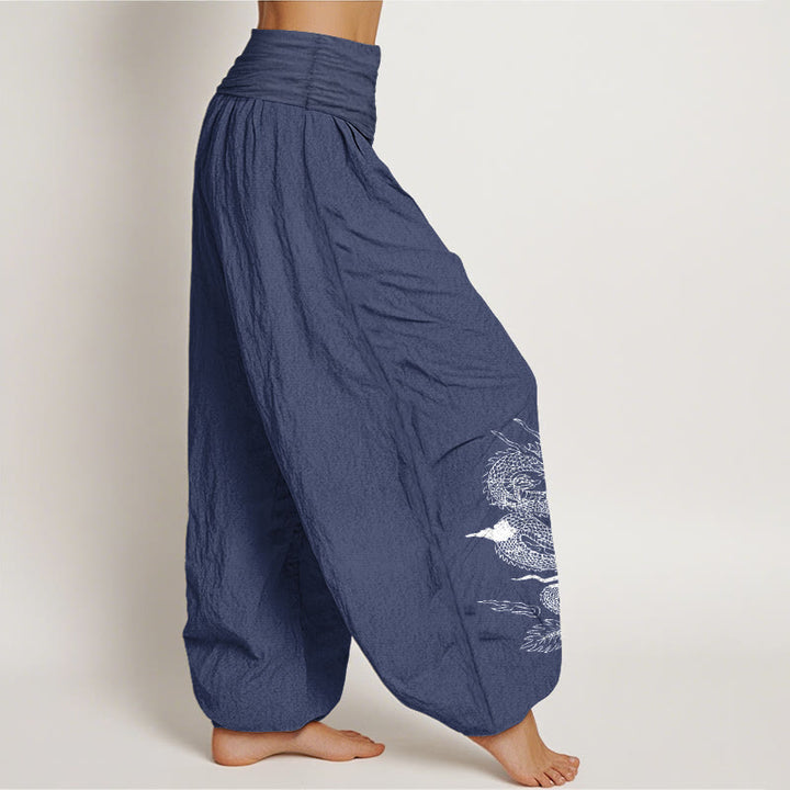 Buddha Stones Pure Cotton Dragon Sun Moon Pattern Women's Elastic Waist Harem Pants - image 6