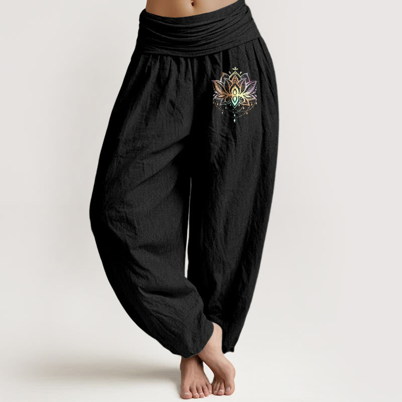 Buddha Stones Pure Cotton Rainbow-colored Lotus Pattern Women's Elastic Waist Harem Pants - Black - US22，UK/AU26，EU54 (6XL) - image 5