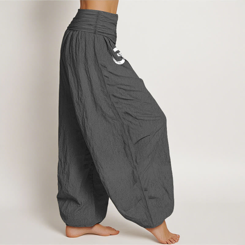 Buddha Stones Solid Color Pure Cotton Lotus Om Symbol Pattern Women's Elastic Waist Harem Pants - image 1