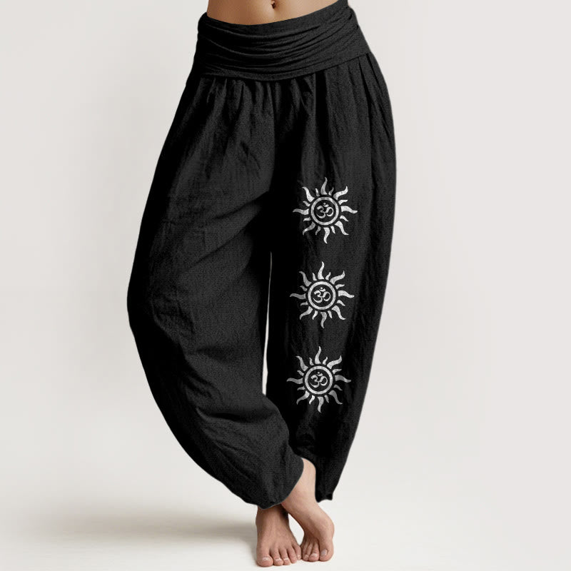 Buddha Stones Solid Color Pure Cotton Sun Om Symbol Pattern Women's Elastic Waist Harem Pants - Black - US22，UK/AU26，EU54 (6XL) - image 5
