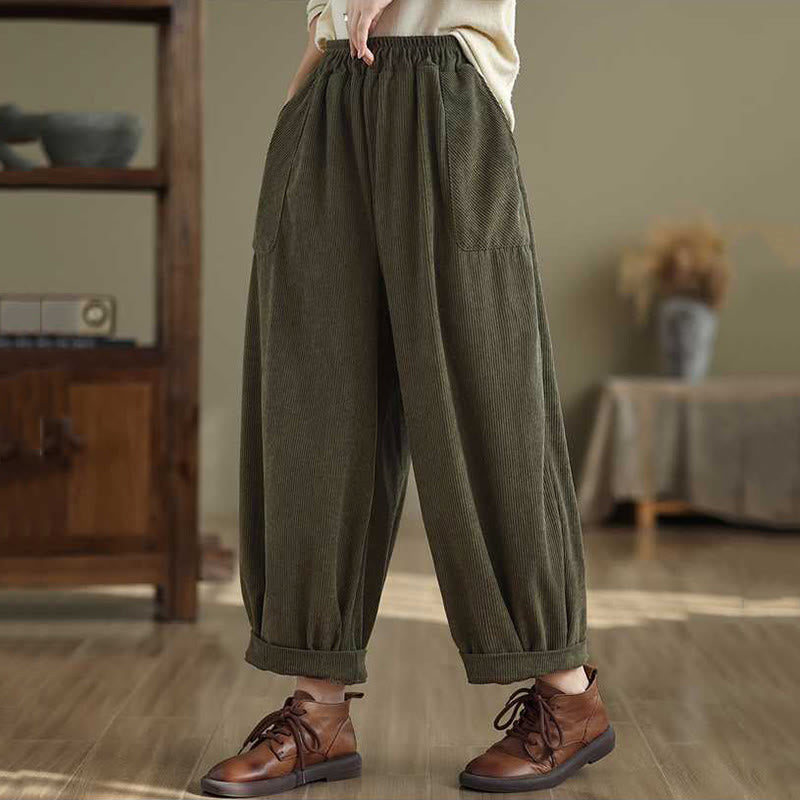 Buddha Stones Winter Solid Color Ankle-Length Simple Design Women's Corduroy Harem Pants With Pockets - image 1