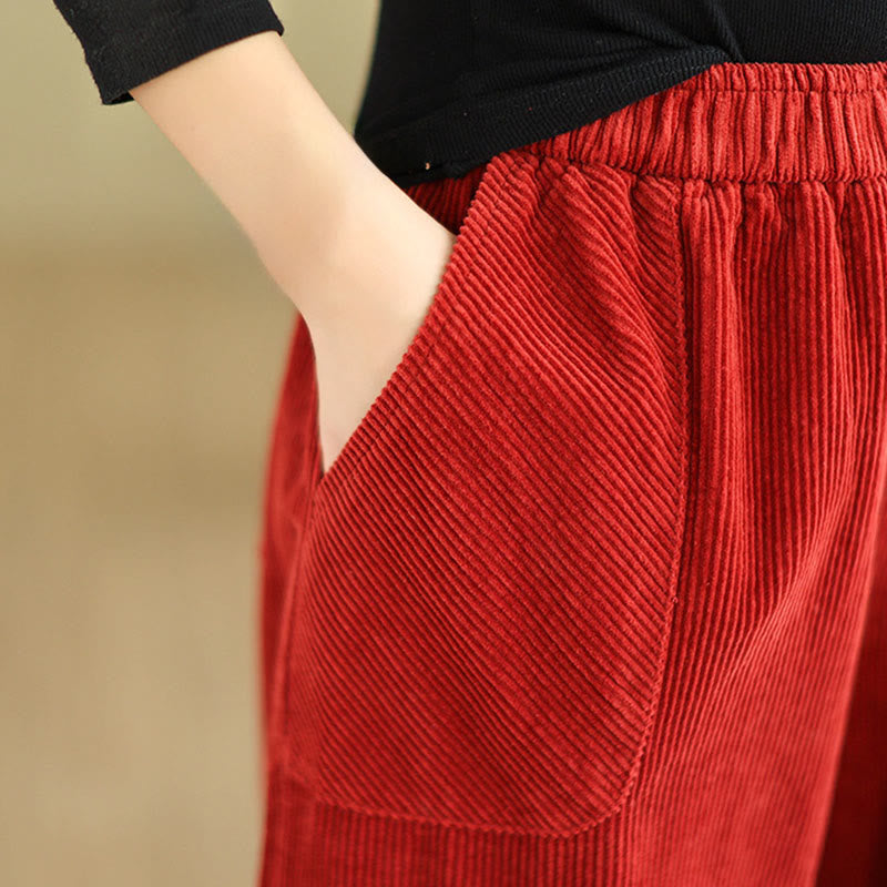 Buddha Stones Plain Elastic Waistband Design Women's Corduroy Harem Pants With Pockets - image 19