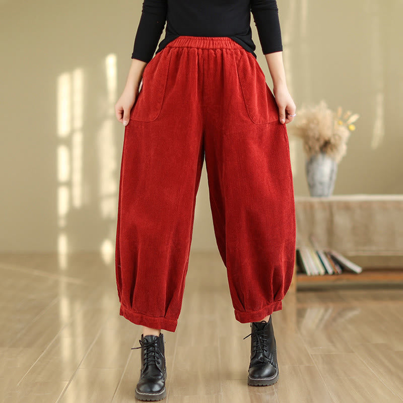 Buddha Stones Plain Elastic Waistband Design Women's Corduroy Harem Pants With Pockets - image 14