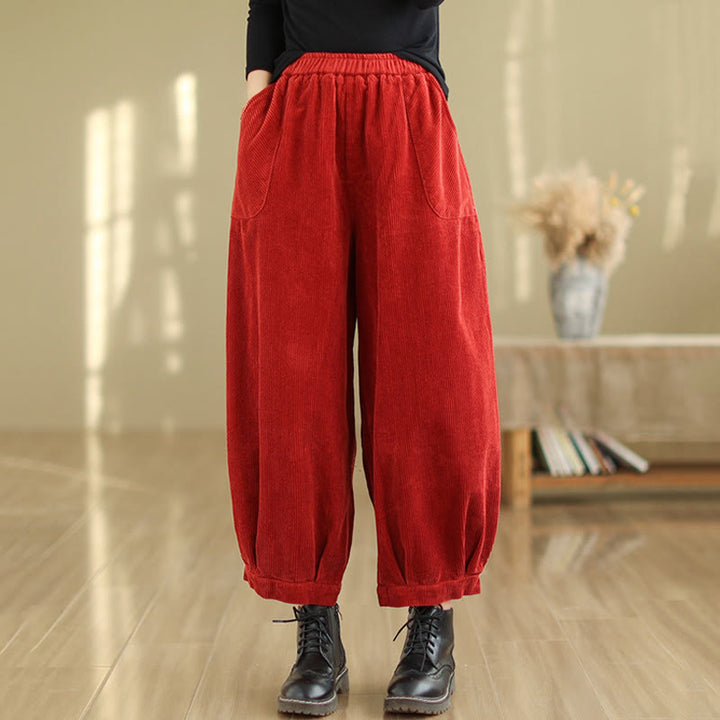 Buddha Stones Plain Elastic Waistband Design Women's Corduroy Harem Pants With Pockets - image 15