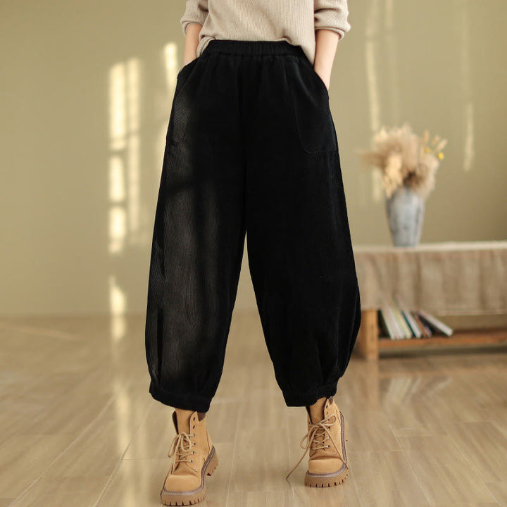 Buddha Stones Plain Elastic Waistband Design Women's Corduroy Harem Pants With Pockets - Black - US8-10，UK/AU12-14，EU40-42 (2XL) - image 6