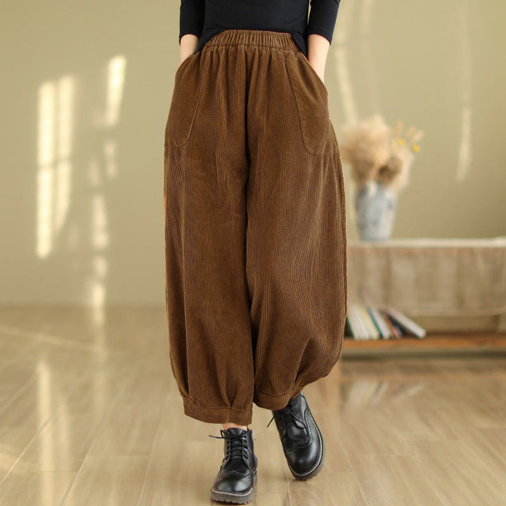 Buddha Stones Plain Elastic Waistband Design Women's Corduroy Harem Pants With Pockets - SaddleBrown - US8-10，UK/AU12-14，EU40-42 (2XL) - image 0