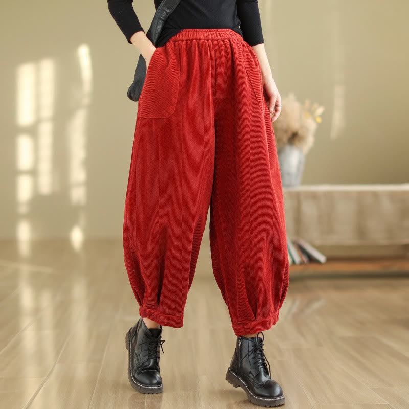Buddha Stones Plain Elastic Waistband Design Women's Corduroy Harem Pants With Pockets - Red - US8-10，UK/AU12-14，EU40-42 (2XL) - image 12