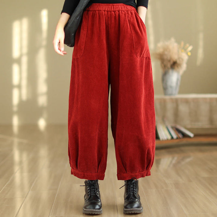Buddha Stones Plain Elastic Waistband Design Women's Corduroy Harem Pants With Pockets - image 13