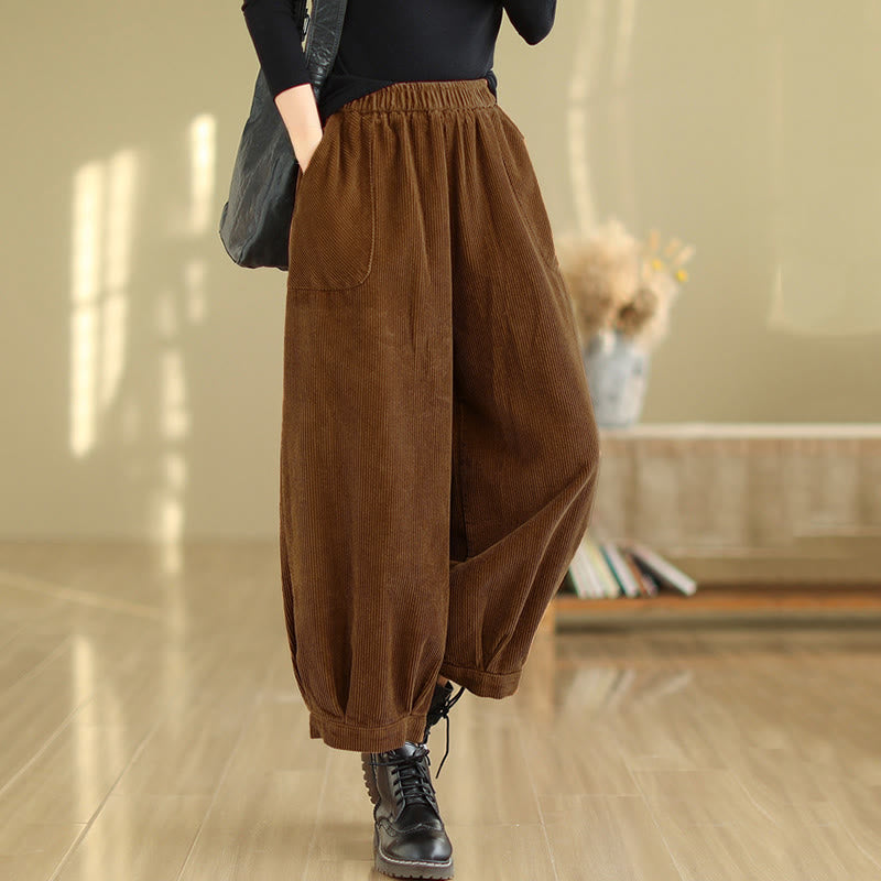 Buddha Stones Plain Elastic Waistband Design Women's Corduroy Harem Pants With Pockets - image 5
