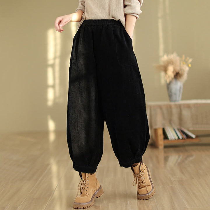 Buddha Stones Plain Elastic Waistband Design Women's Corduroy Harem Pants With Pockets - image 7