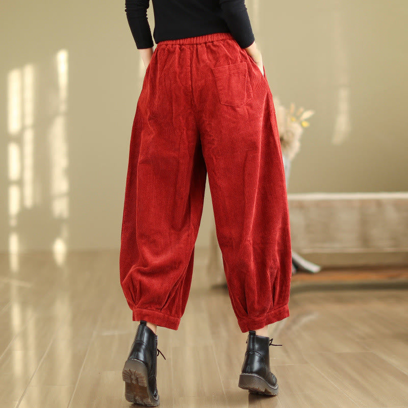 Buddha Stones Plain Elastic Waistband Design Women's Corduroy Harem Pants With Pockets - image 16