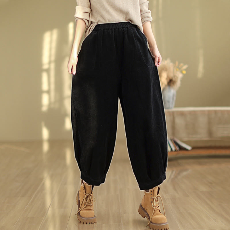 Buddha Stones Plain Elastic Waistband Design Women's Corduroy Harem Pants With Pockets - image 9