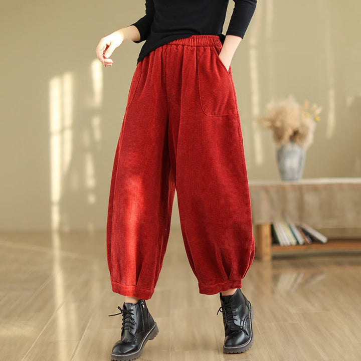 Buddha Stones Plain Elastic Waistband Design Women's Corduroy Harem Pants With Pockets - image 17