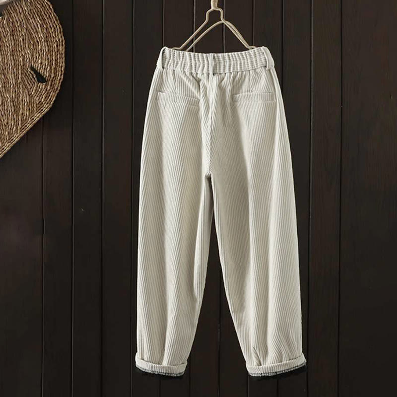 Buddha Stones Women's Winter Plain Corduroy Cotton High Waist Fleece-Lined Harem Pants With Pockets - image 1