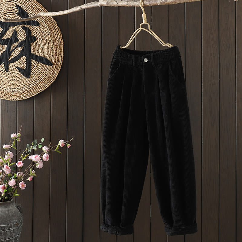 Buddha Stones Women's Winter Plain Corduroy Cotton High Waist Fleece-Lined Harem Pants With Pockets - image 12