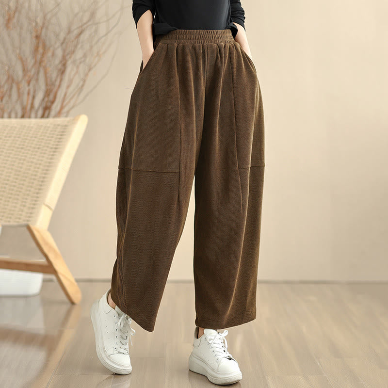 Buddha Stones Women's Fall Patchwork Plain Corduroy Harem Pants With Pockets - image 6