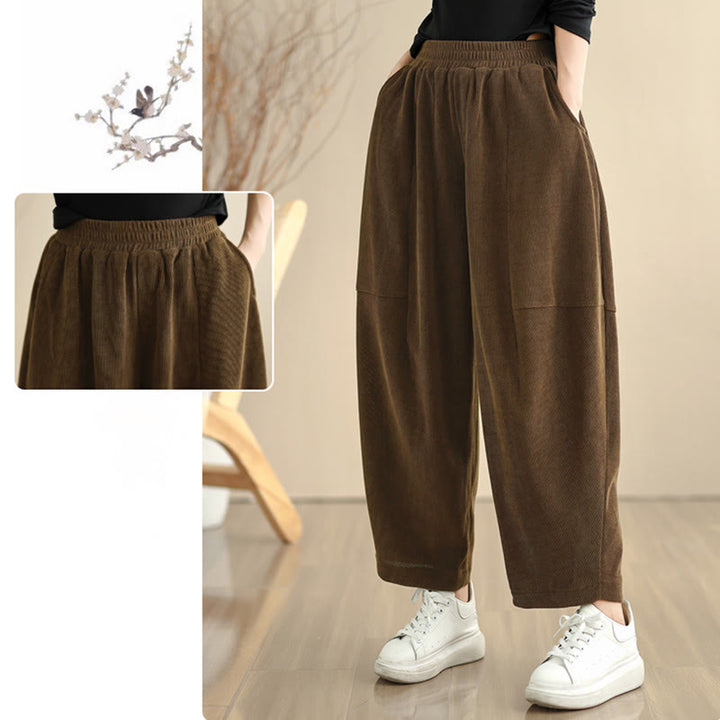 Buddha Stones Women's Fall Patchwork Plain Corduroy Harem Pants With Pockets - image 14