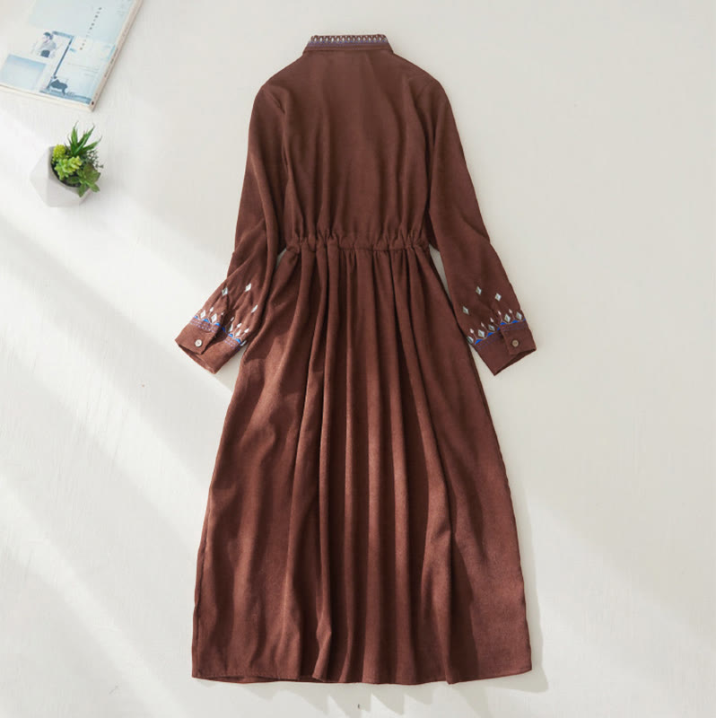 Buddha Stones Embroiderd Floral Pattern Lace-up Design Long Sleeve Midi Dress With Pockets - image 1