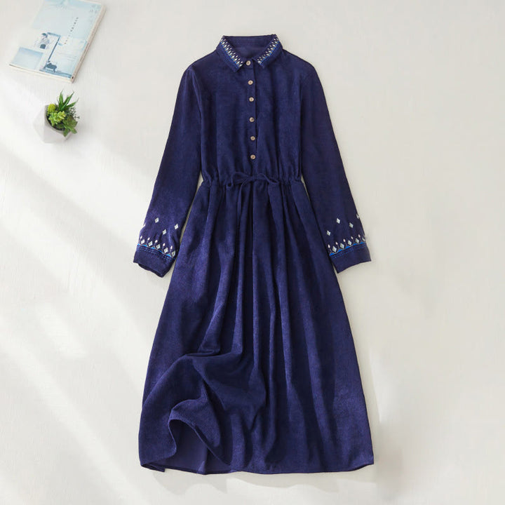 Buddha Stones Embroidered Floral Pattern Lace-up Design Long Sleeve Midi Dress With Pockets - DarkBlue - US8-10，UK/AU12-14，EU40-42 (2XL) - image 10