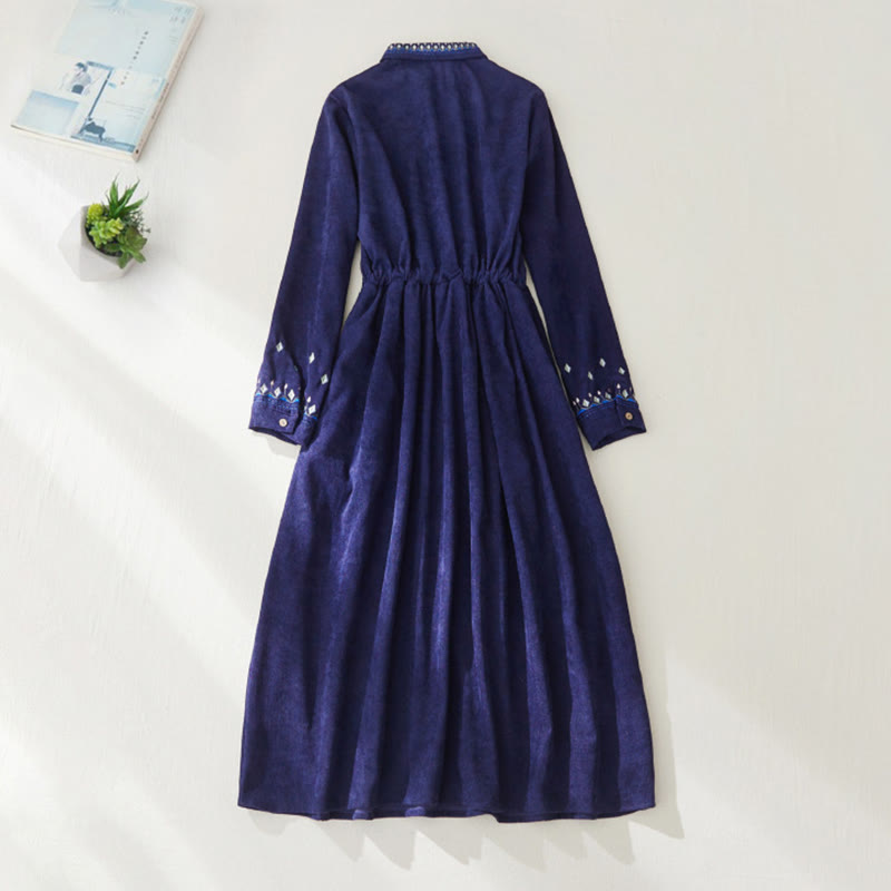 Buddha Stones Embroiderd Floral Pattern Lace -up Design Long Sleeve Midi Dress With Pockets - image 11