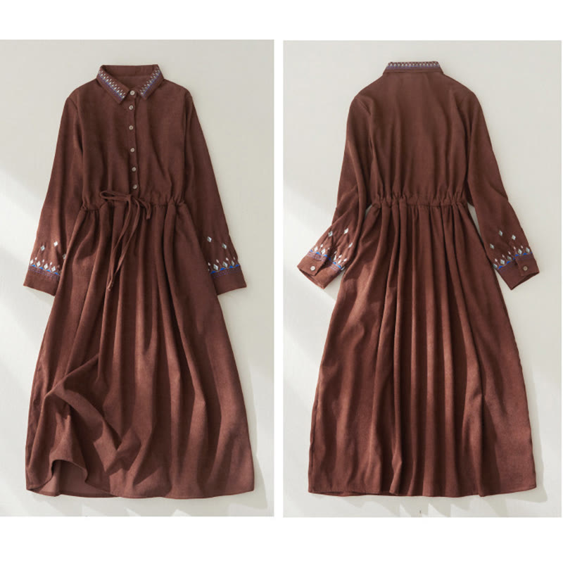 Buddha Stones Embroiderd Floral Pattern Lace-up Design Long Sleeve Midi Dress With Pockets - image 7