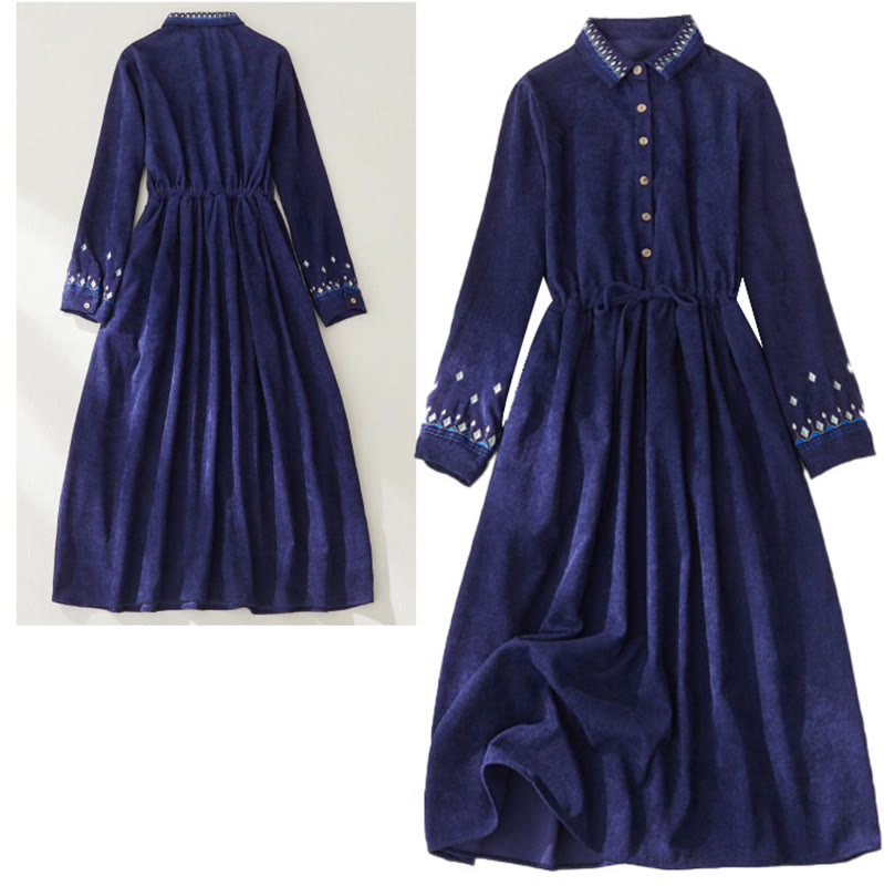 Buddha Stones Embroidered Floral Pattern Lace-up Design Long Sleeve Midi Dress With Pockets - image 14