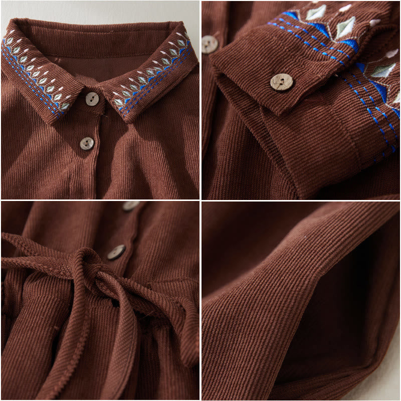 Buddha Stones Embroiderd Floral Pattern Lace -up Design Long Sleeve Midi Dress With Pockets - image 6