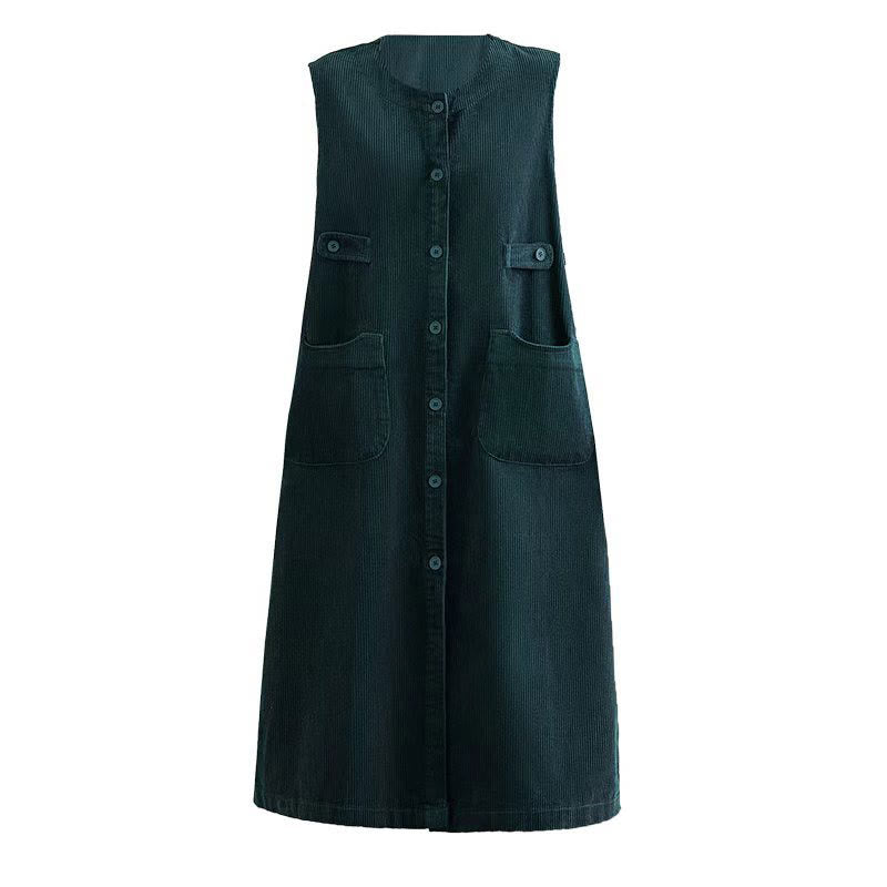 Buddha Stones Pure Colo Buttons Sleeveless Midi Dress With Pockets - image 0