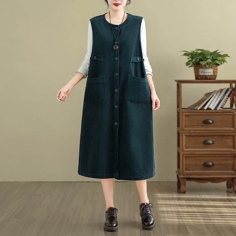 Buddha Stones Pure Colo Buttons Sleeveless Midi Dress With Pockets - image 1